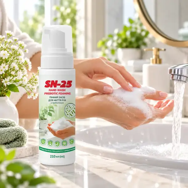 Флакон із дозатором SN-25 Hand Wash Prebiotic Foaming 210 мл на мармуровій раковині, поруч жінка миє руки пінкою під струменем води — очищувальна піна для рук з пребіотиком