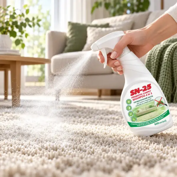 Рука розпилює SN-25 Probiotic Carpet Shampoo 4 in 1 (500 мл) на світлий килим у вітальні біля дивана — пробіотичний засіб для сухого чищення килимів та м'яких меблів